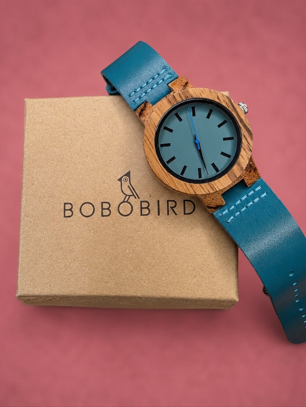 BOBO BIRD Unisex Wood Watch - Teal Blue Leather Strap - 40mm - NWOT - w/ Box -